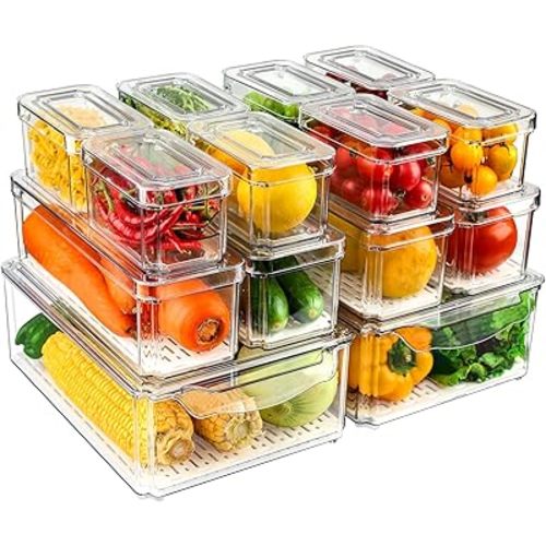 14 Pack Fridge Organizers and Storage - Refrigerator Organizer Bins with Lids, BPA-Free Fridge Organization, Fruit Storage Containers for Fridge, Vegetable, Food, Drinks, Cereals, Clear