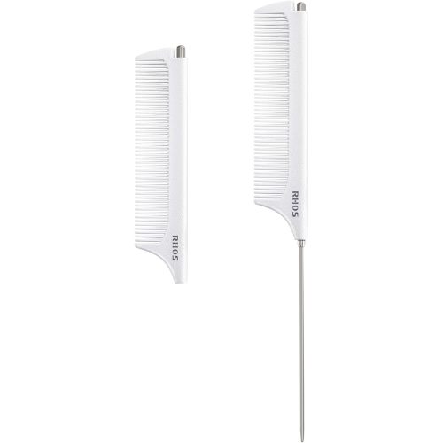 RHOS Carbon Retractable Rat Tail Parting Comb - Portable Fine Tooth Teasing Comb for Styling, Hair Cutting, Braiding with Stainless Steel Pin Tail - White