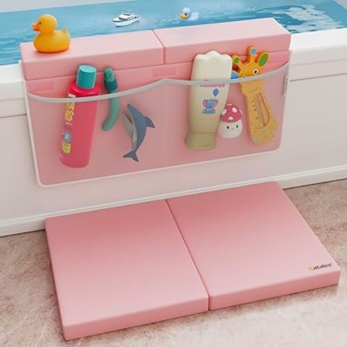 Baby Bath Kneeler and Elbow Rest Pad Set, Non-Slip Painless Thick Kneeling Pad - Foam Kneeling Pad for Bathing Babies - Knee Saver & Arm Support with 4 Pockets Toy Organizer (Large, Baby Pink)