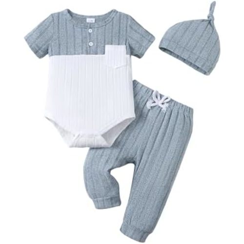 Renotemy Preemie Newborn Boy Summer Clothes Gift Short Sleeve Button Romper Baby Boys Bodysuit Long Pants Outfit Set with Hat