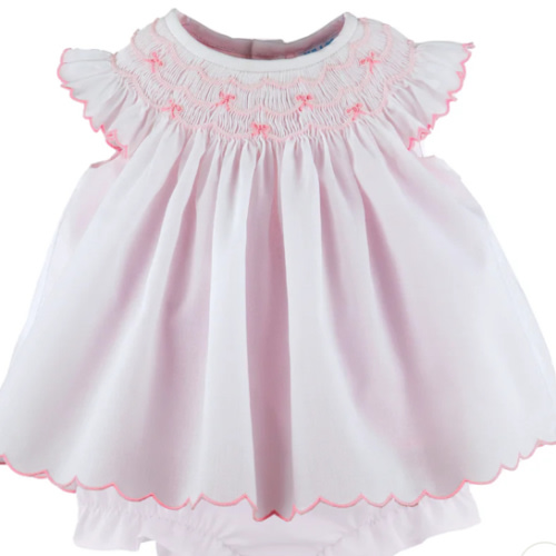 Pink & White Overlay Bishop Dress w/ Pink Smocked Bows