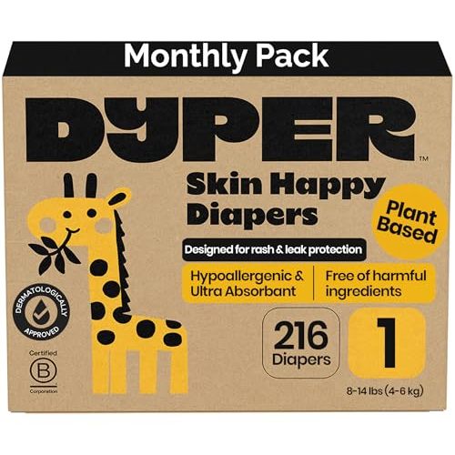 DYPER Monthly Pack Baby Diapers Size 1 (216 Count) - Leak-Proof & Plant Based, Hypoallergenic, Fragrance Free & Ultra Absorbent Size 1 Diapers for Day and Overnight Skin Protection