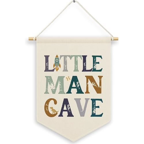 Playroom Boys Kids Room Decor, Nursery Litte Man Cave Banner Canvas, Baby Boys Wall Hanging Frame Decor Art Pennant Flag for Toddler Room Preschool Dorm Classroom 11x15in