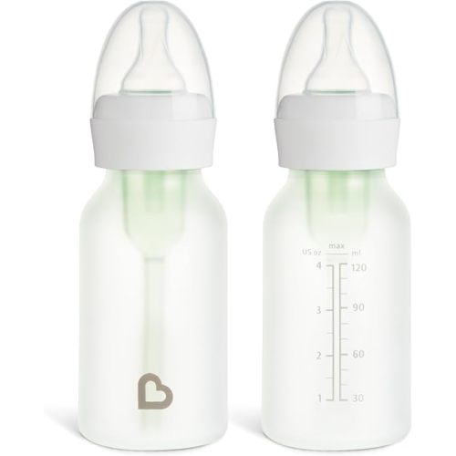 Munchkin Bond Silicone Coated Glass Baby Bottles - Anti-Colic Feeding System with Natural Feel Nipples, 4 Ounce, 2 Pack, White
