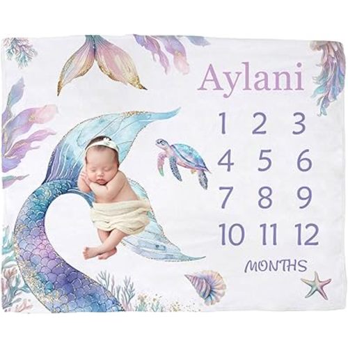 Personalized Mermaid Baby Blanket for Girls – Custom Name Milestone Tracker, Soft Newborn Blanket & Baby Shower Keepsake Gift