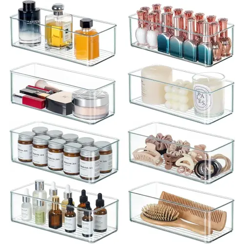 8 PACK Drawer Organizer Bins Bathroom Deep Drawer Organizer Tray for Cutlery Vanity Make-up, Clear Stackable Storage Bins for Kitchen Cabinet Closet Counter Organization and Storage