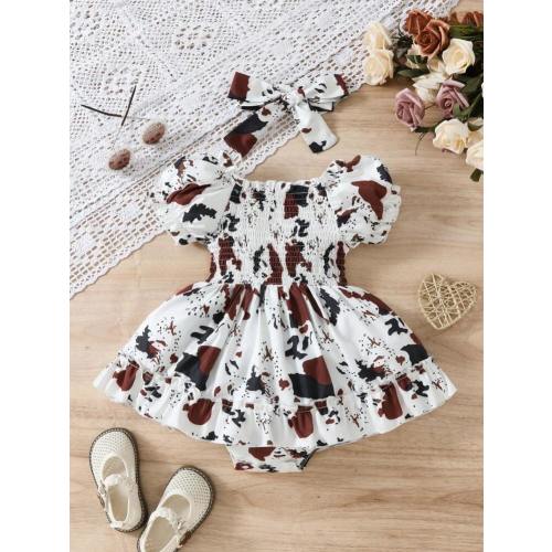 Baby Girl's 2pcs Fashionable Cow Printed Ruffle Hem Dress Bodysuit With Headband Set, Summer | SHEIN USA