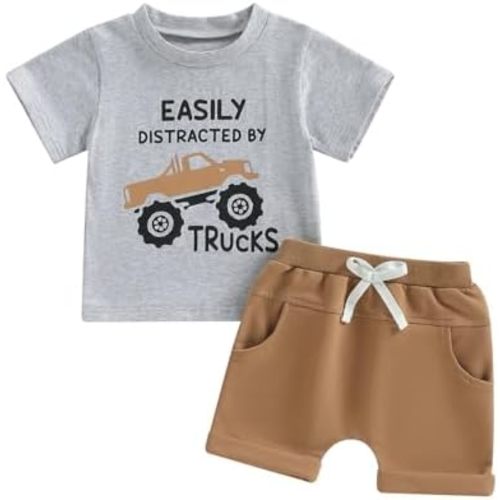 WZTYYDS Toddler Baby Boy Summer Clothes 2T 3T 4T 5T Boys Outfit Letter Truck Short Sleeve T-Shirt Tops + Shorts Set