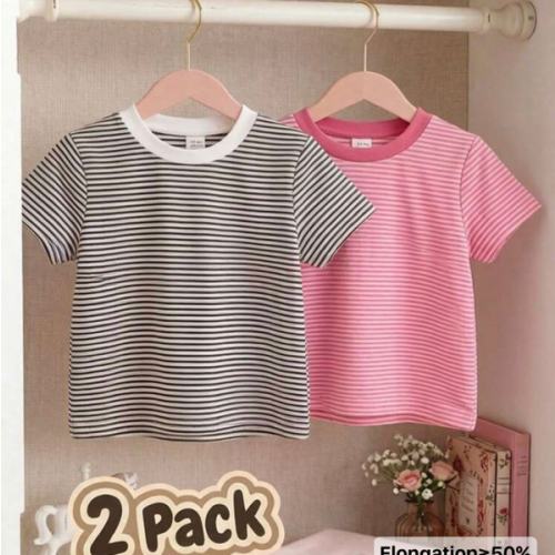 SHEIN Playful Pals 2 Pack Toddler Baby Girls Pink And White Striped,Summer,Casual,Graduation Short Sleeve Crewneck T-Shirts,Soft Lightweight Vintage Graphic Print Tops | SHEIN USA