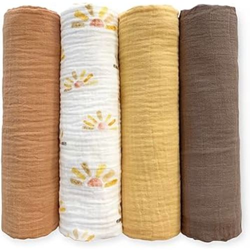 SwaddleDesigns Cotton Muslin Swaddle Blankets, Set of 4, Receiving Blanket for Newborn Babies, Baby Registry & Gift, 46x46 Inches, Watercolor Sunny Days