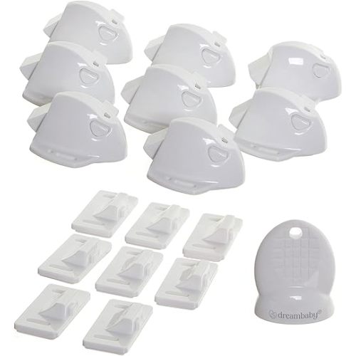 Dreambaby Adhesive Mag locks (8-Pack 1 Key) - Child Proofing Cabinet Magnetic Latches - White- Model L859