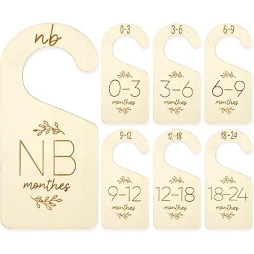 TIESOME 7 Pcs Baby Closet Size Dividers, Wooden Double-Sided Baby Clothes Separators for Closet for Newborn to 24 Months, Easy to Read Size Tabs for Nursery Closets Organization, Cute Hanger Decor