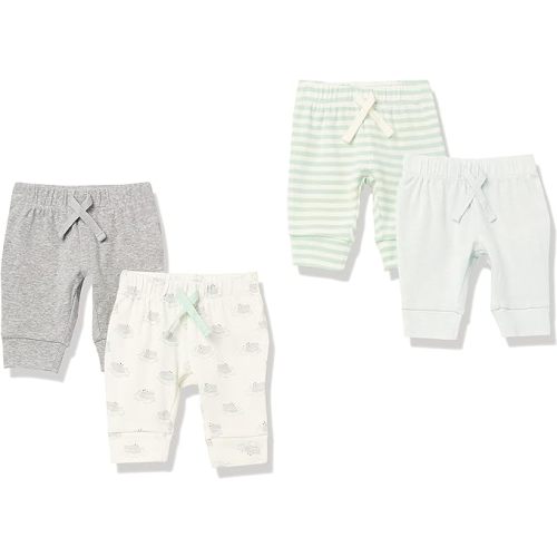 Amazon Essentials Baby Boys' Cotton Pull-On Pants, Multipacks - 4 - Cream Hippo/Green Stripe/Grey/Lime Green/White - Newborn