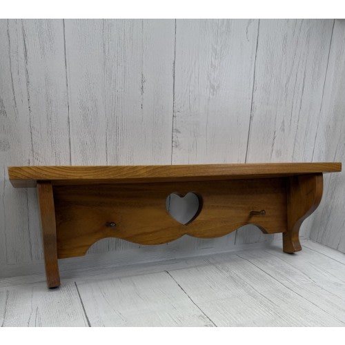 Vintage Wooden Wall Shelf Heart Cutouts Peg Hooks Farmhouse Cottage