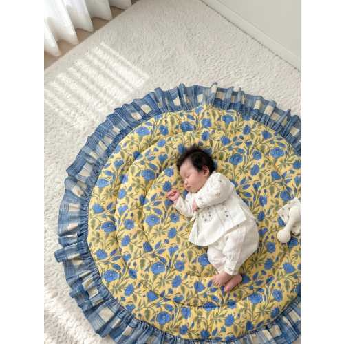 Block Print Quilted Play Mat, Ruffled Cotton Floor Mat for Kids, Mat for Pet, Round Mat