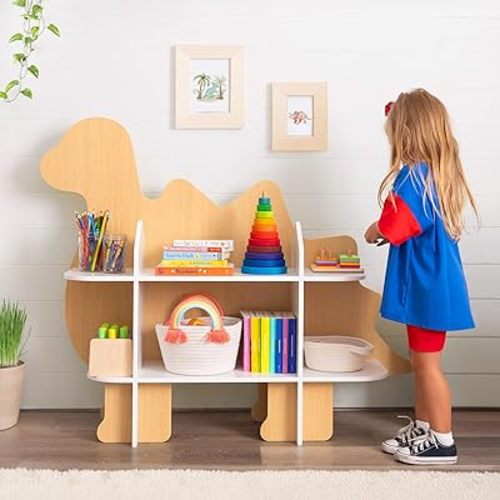 OOOK Children Dinosaur Bookshelf, 2-Tier Toddler Bookshelf, Dino Kids Bookcase and Toy Storage Organizer, Montessori Toy Shelf for Kids Room, Playroom, Nursery and Kindergarten