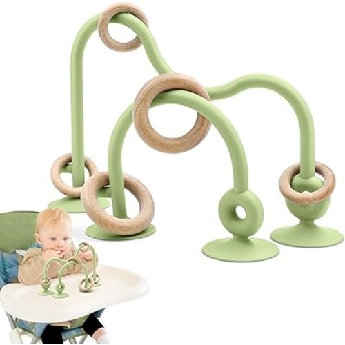 Baby Sensory High Chair Suction Toys for Infant Toddlers 12 18 Months, Food Grade Silicone String with Oak Loop Montessori Educational Parent-Child Baby Bath Toy Gift for Birthday Christmas(Green)