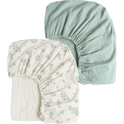 Konssy Muslin Fitted Crib Sheets 2 PCS 100% Cotton Baby Crib Sheets for Standard Crib Mattress (28"x 52"), Soft and Breathable for Boys, Girls (Leafy,Green)