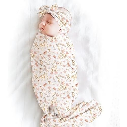 Konssy Baby Girl Newborn Receiving Blanket with Headband Set Baby Swaddle Nursery Swaddle Wrap