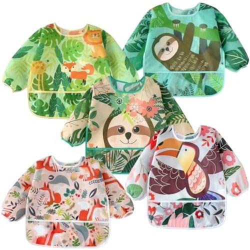 PandaEar 5 Pack Baby Long Sleeve Bibs| Waterproof Full Sleeve Bib for Baby Infant Toddler 6-36 Months