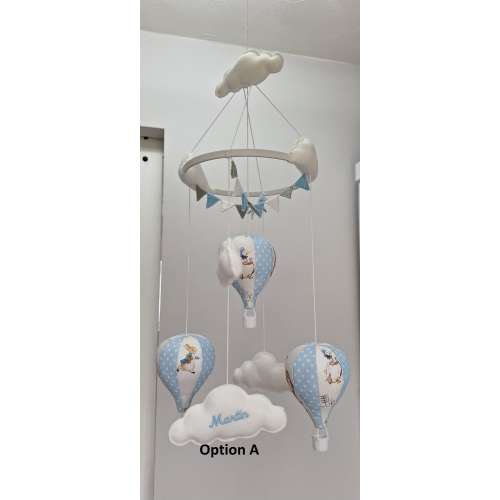 Hot air balloon nursery baby mobile with bunting Peter Rabbit and blue polka