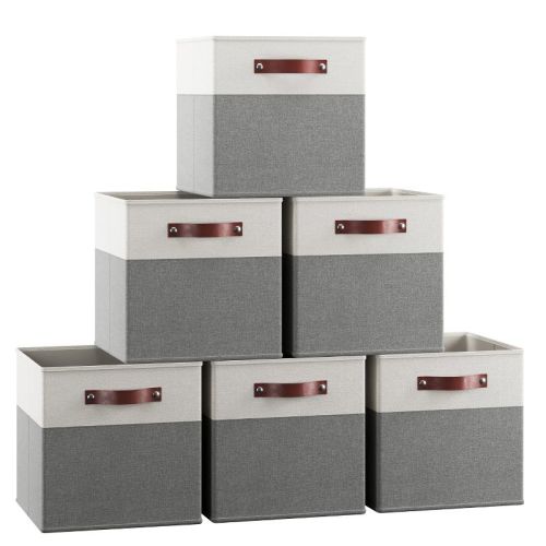 Ornavo Home 6 Pack Linen Fabric Storage Cube Bin with Faux Leather Handles - 11 Inch - White/Gray