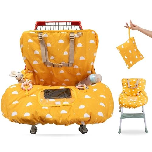 2-in-1 Baby Shopping Cart & High Chair Cover – Water-Resistant Padded Grocery Cart Seat Liner with Phone Pouch, Toy Loops & 360° Protection – Anti-Slip, Foldable, Travel Friendly Gender-Neutral Yellow