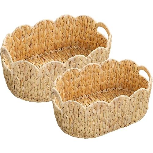Scalloped Basket,Water Hyacinth Basket for Organizing and Decor,Hand-Woven Rattan Baskets with Built-In Handles for Living Room,Bedroom,Laundry,2 Pack