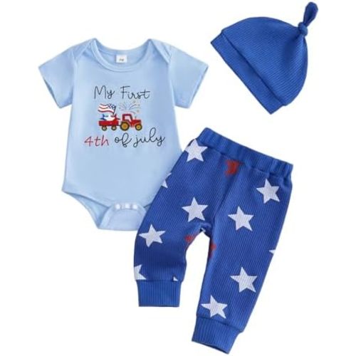 YINGISFITM My First 4th of July Baby Boy Outfit Letter Short Sleeve Romper + Stars Pants+ Hat Newborn Coming Home Clothes