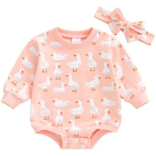 Infant Baby Girls Fall Romper Goose Print Long Sleeve Round Neck Jumpsuit with Bow Headband