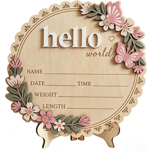 Baby Announcement Sign,5.9 Inch Wooden Hello World newborn sign,Boy or Girl Sign,Baby Shower