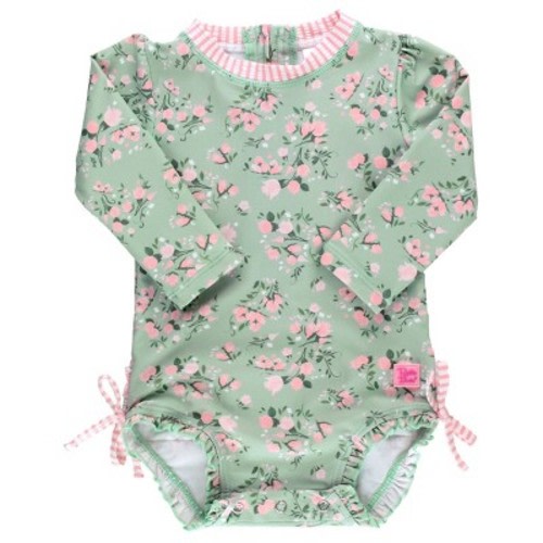 RuffleButts Baby Long Sleeve One Piece Rash Guard - Tea Roses, Size : 0-3 Months