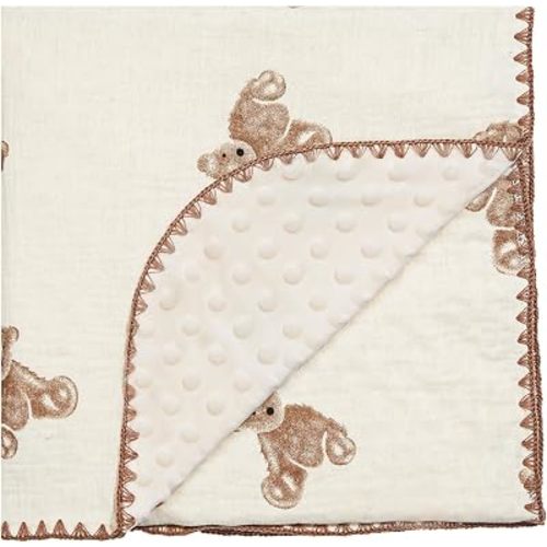 Baby Blanket 40x40 Inches,Muslin Cotton and Minky Dotted Double Layer Soft Receiving Blanket for Newborn Toddler,Brown Bear