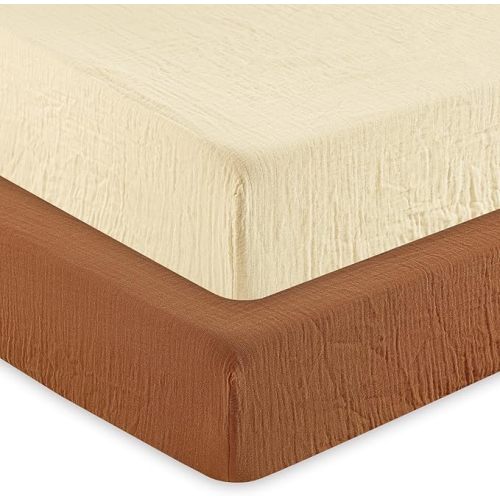 david's kids Muslin Crib Sheets for Boys Girls, 2 Pack 100% Cotton Soft Breathable Fitted Baby Sheet Set, 28x52 Inch Fits Standard Crib and Toddler Mattresses, Beige & Brown