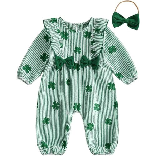 Amiblvowa Baby Girl St.Patricks Day Outfit Cute Bowknot Clover Romper Bodysuit Infant Ruffled Striped Jumpsuit Irish Clothes