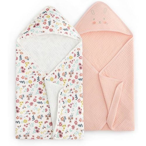 david's kids 2 Pack Hooded Baby Towels, Large 32"x32", 6 Layer 100% Muslin Cotton Highly Absorbent Girl Bath Towel for Newborn, Infant, Toddler, Soft and Breathable Baby Essentials, Floral & Butterfly