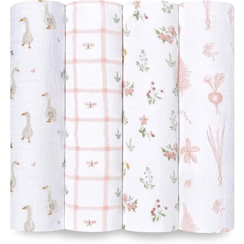 aden + anais Essentials Disney Baby Muslin Swaddle Blankets, Newborn Receiving Blanket for Swaddling, 100% Cotton Baby Swaddle Wrap, 4 Pack, Country Floral