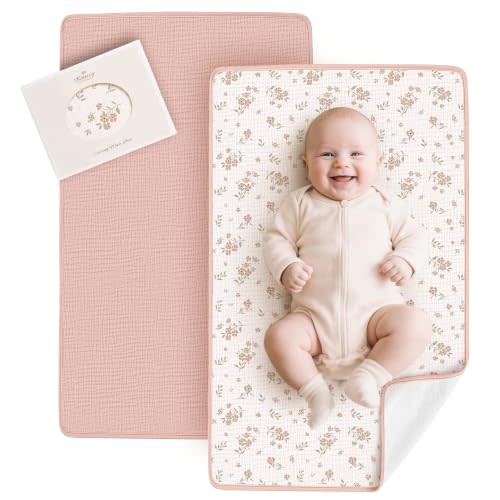 Konssy 2 Pack Waterproof Muslin Portable Changing Pad, Diaper Changing Mat | Soft & Foldable, Cotton Surface with Terry Backing & Waterproof Lining, for Newborn Girls & Boys, 30" x 17" (Pink,Blossom)