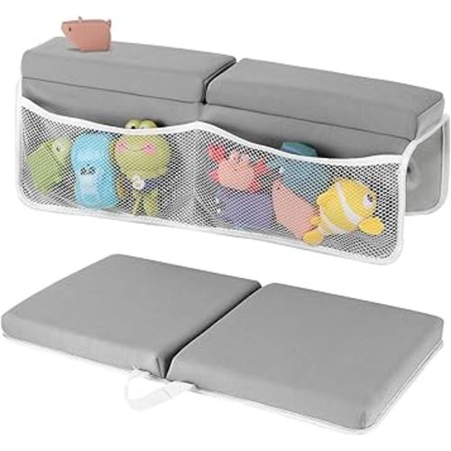 Baby Bath Kneeler and Elbow Rest Pad Set, 1.5 Inch Thick Memory Foam Soft Bath Kneeler with Bath Toys Organizer, Non-Slip, Quick-Dry, Foldable Kneeling Mat, Ideal Gift for Parents, Gray