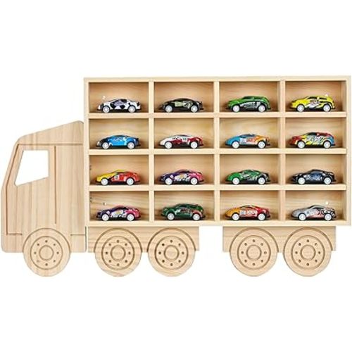 Wooden Display Case for 1:64 Toy Cars – Car Organizer Shelf Holds 16 Diecast Cars, Great Gift for Collectors, Wall-Mounted Car Storage Rack(WD5330)