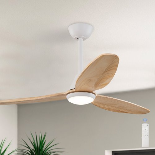 C Cattleya 48-in White and Woodgrain LED Ceiling Fan With Light and Remote Control Included