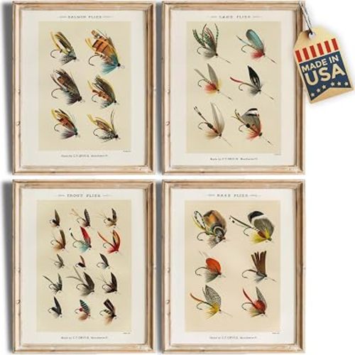 DREAM BIG PRINTABLES Vintage Fly Fishing Art Prints (Set of 4) - Unframed - 8x10 | Fishing Lure Wall Decor for Fisherman