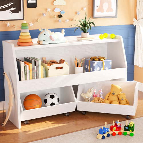 Fowroa 2 Tier Portable Kids Toy Storage Organizer Bookcase with 2 Removable Bins 4 Wheels White