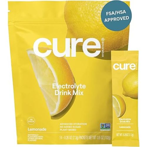 Cure Hydration | Plant-Based Electrolyte Drink Mix | No Added Sugar | FSA & HSA | Dehydration Relief Powder Made with Coconut Water | Non-GMO | Vegan | Pouch of 14 Packets - Lemonade