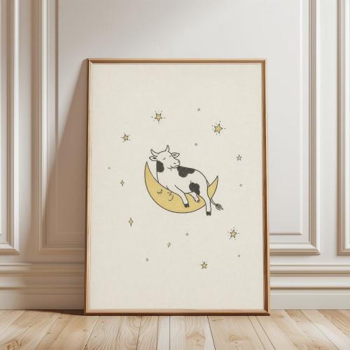 Moon Cow Poster, Celestial Art Print, Dreamy Illustration, Nursery Wall Decor, Stars & Moon Artwork