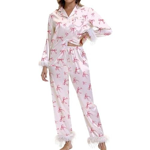 EPLAZA 2 Pcs Silk Pajamas for Women Satin Pajama Set Feather Trim Long Sleeve Button-Down Pj Set Lounge Sleepwear with Pocket