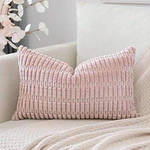 OTOSTAR Corduroy Decorative Throw Pillow Covers 12x20 Inch Super Soft Boho Striped Rectangle Pillow Covers Case Modern Cushion Covers for Sofa Couch Bedroom Car Decor Pink
