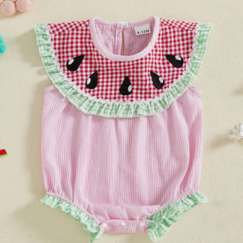 Baby Girl Summer Romper Stripe Plaid Print Sleeveless Ruffled Round Neck Bodysuit Watermelon Embroidered Jumpsuit