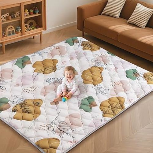 74x50IN Baby Play Mat - Tummy Time Mat for Babies 6-12 Months - Non-Slip Safe Crawling Mat for Indoor & Outdoor - Soft Foam Foldable Cushion Babycare Playmat for Kids Playpen & Machine Washable, Boho