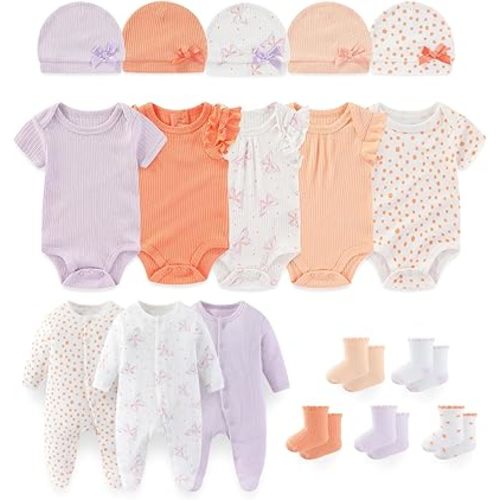 falianni Baby Boy Girl Layette Set 18 Piece Infant Essentials Must Haves Clothes 0-9 Month Rompers+Bodysuits+Hats+Socks